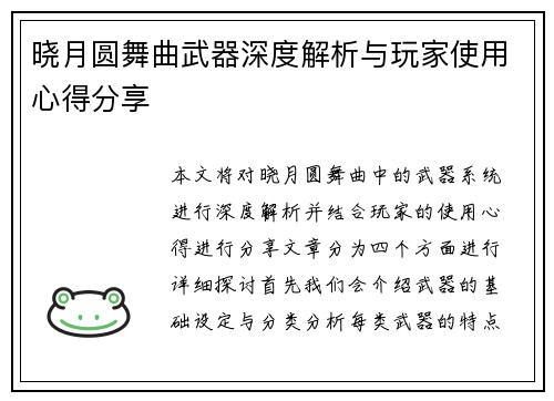 晓月圆舞曲武器深度解析与玩家使用心得分享