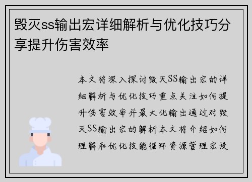 毁灭ss输出宏详细解析与优化技巧分享提升伤害效率 毁灭ss输出宏详细解析与优化技巧分享提升伤害效率